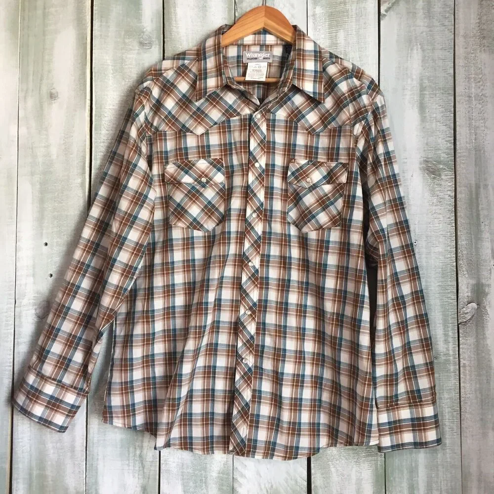 Wrangler Wrancher Brown White Plaid Western Pearl Snap Long Sleeve Shirt Mens XL - Picture 1 of 6